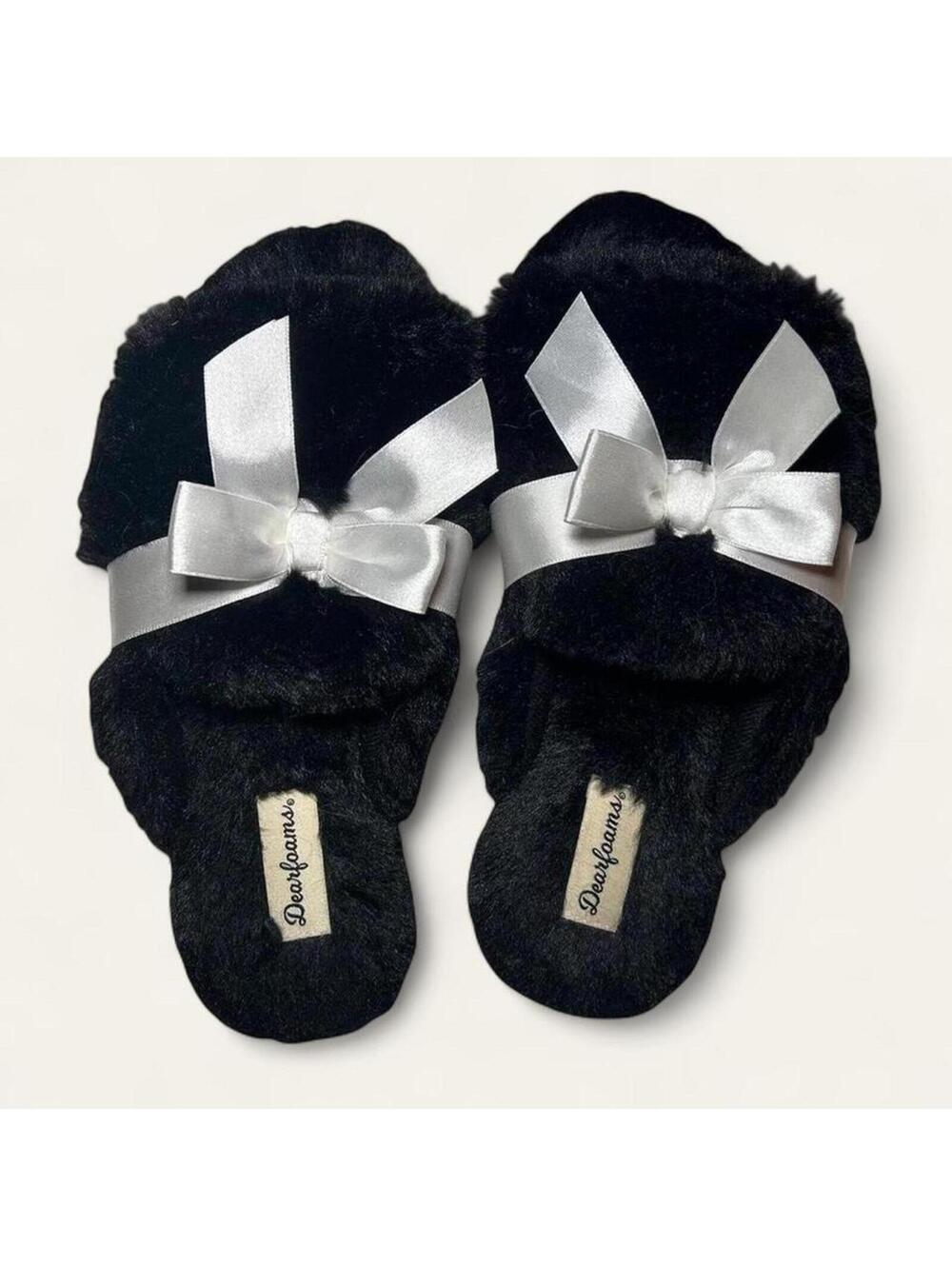 Dearfoams Black Slippers White Bow Cozy Soft Womens Size Medium 7-8